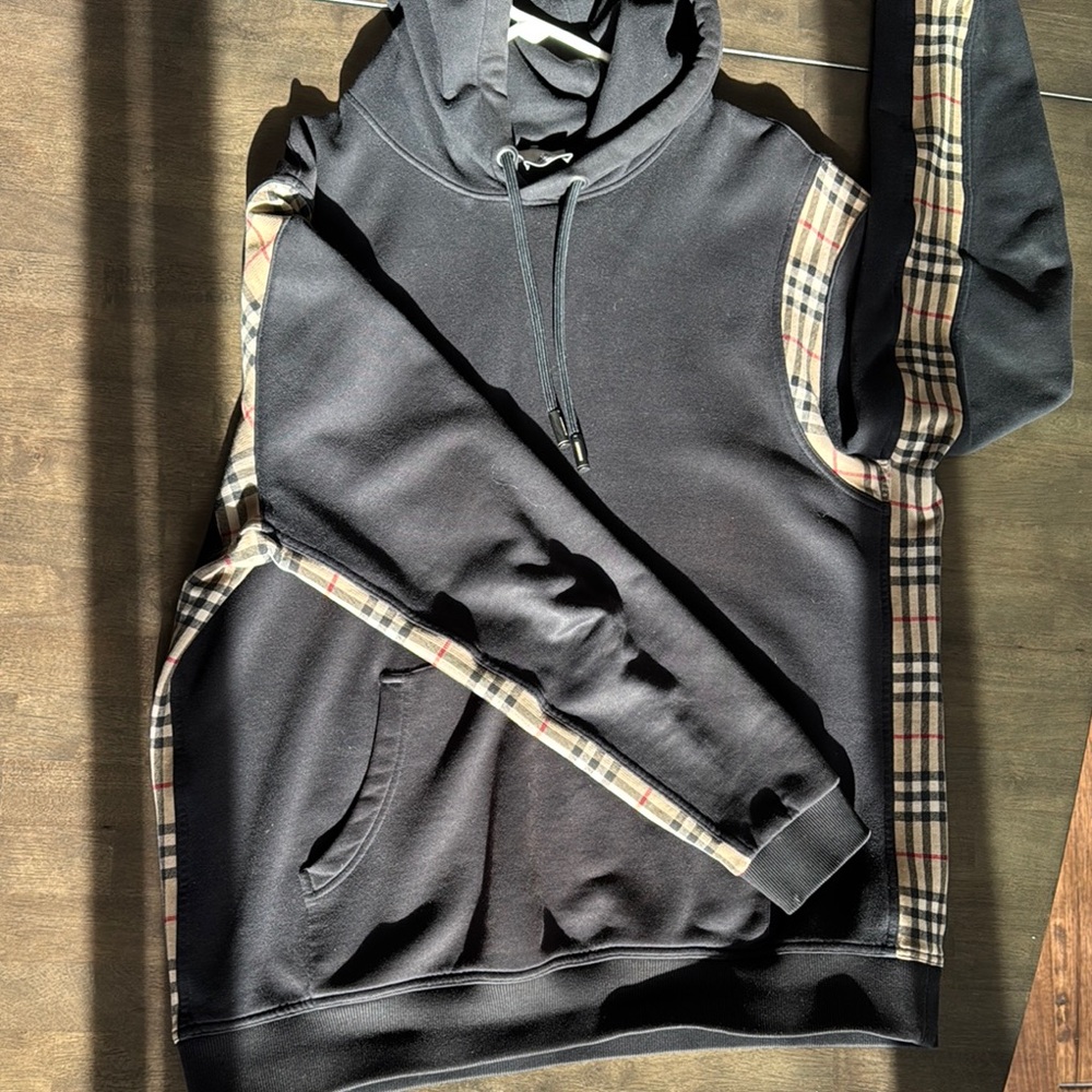 Authentic Burberry Black Hoodie with Plaid Details